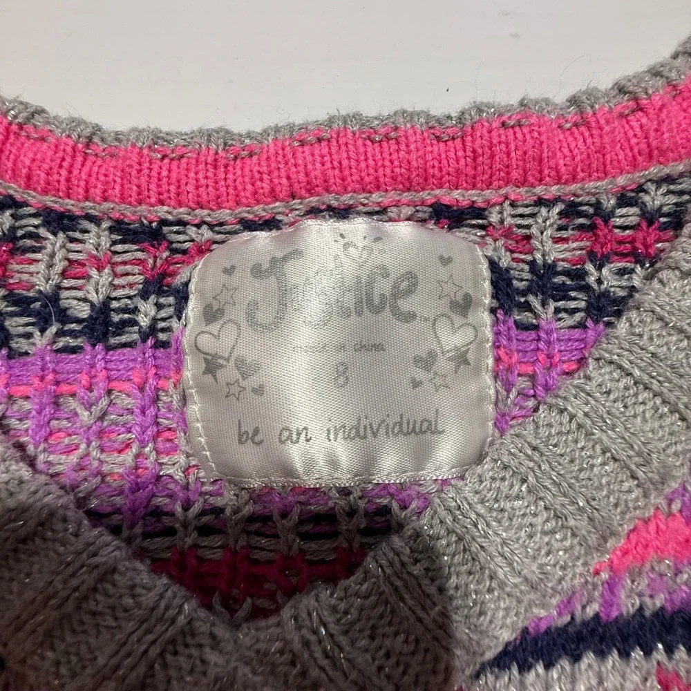 Justice Girls Fair Isle Heart Sweater Gray Pink Metallic V-Neck Size 8